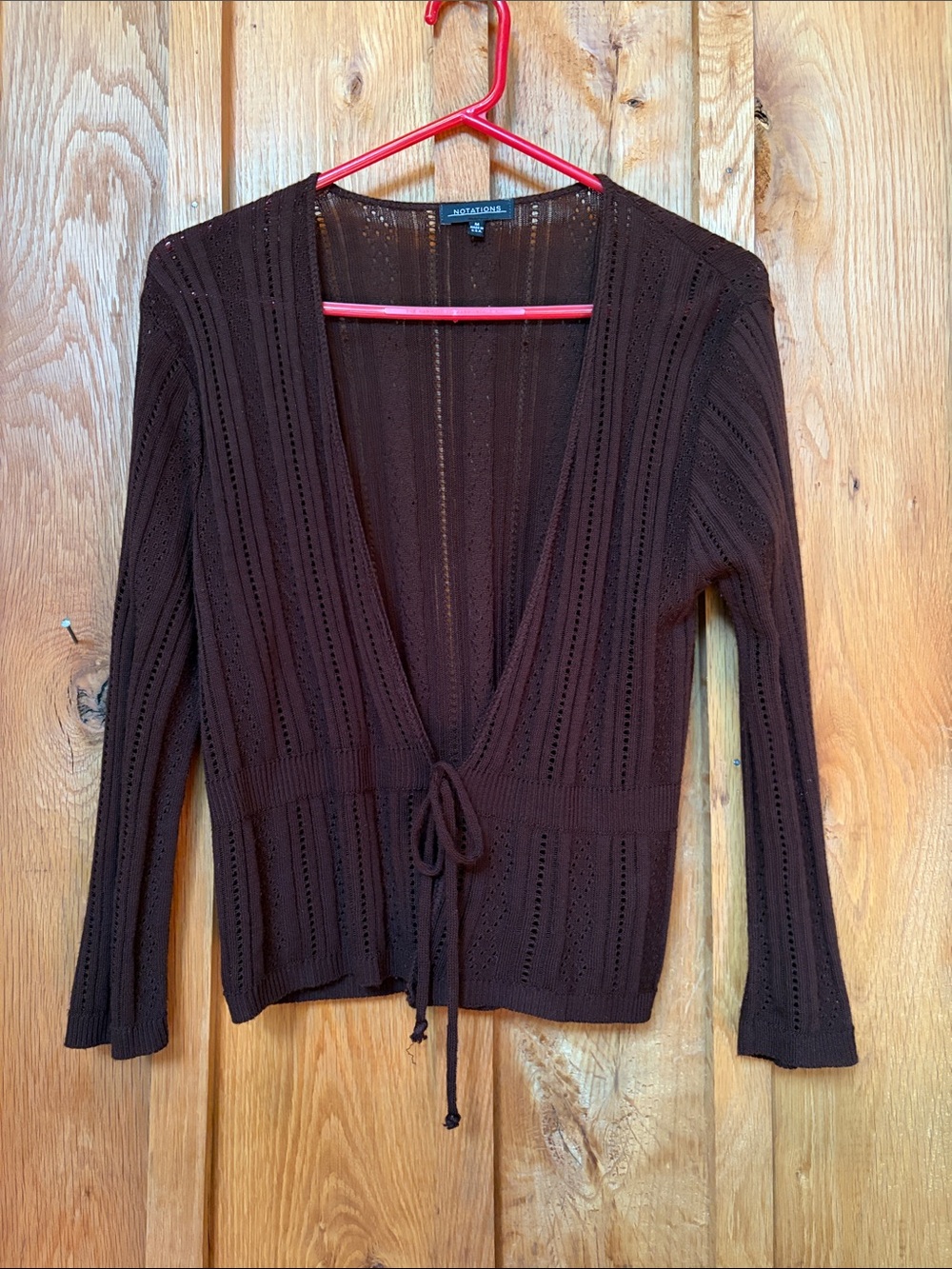 Notations Dark Brown Open Knit Tie-Front V-neck 3/4 Sleeve Cardigan, Medium